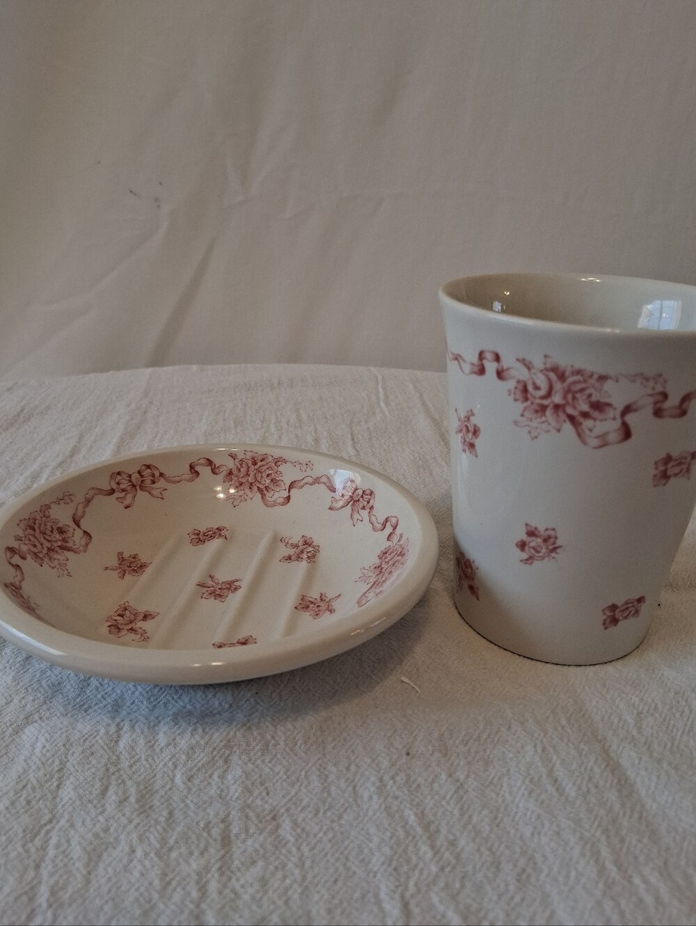 Laura Ashley White Mug and Soap Dish Set with Pink Floral Motif